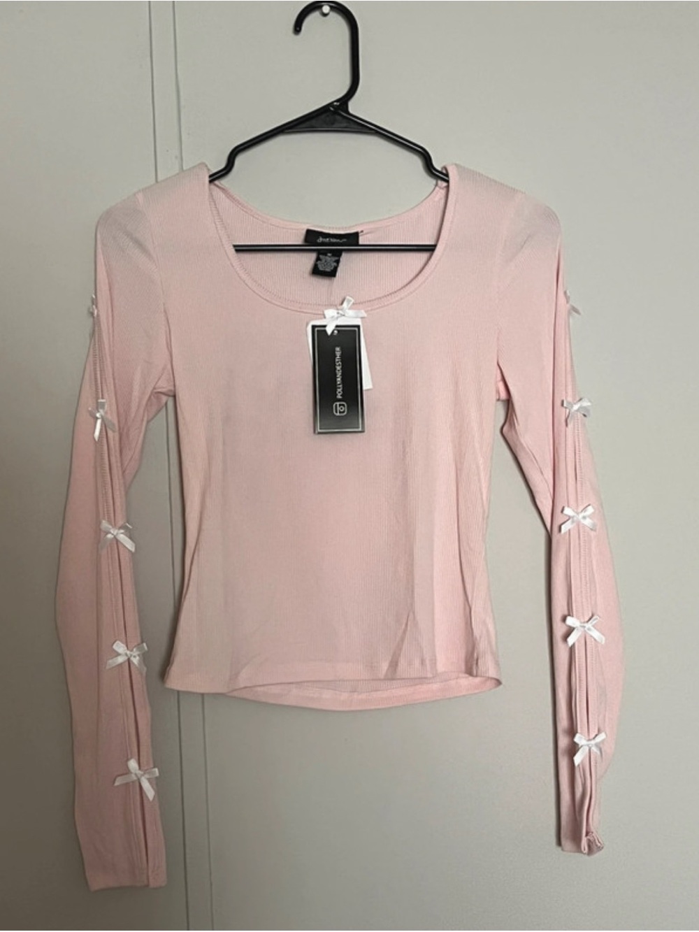 Bow-Accent Long Sleeve Scoop Neck Top - Light Pink